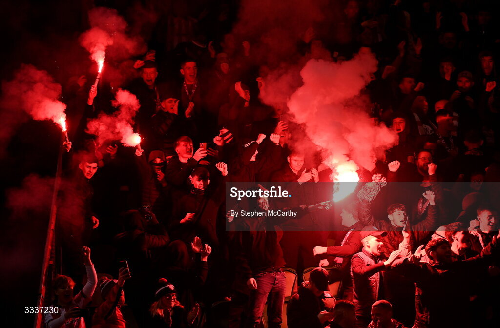 31 January 2026; Derry City supporters celebrate after the 2026 Men's President's Cup final match between Shamrock Rovers and Derry City at Tallaght Stadium in Dublin. Photo by Stephen McCarthy/Sportsfile