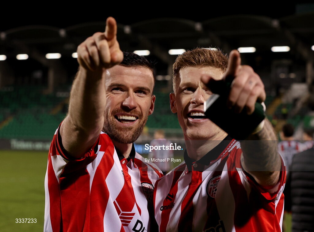 31 January 2026; Derry City players, Patrick McClean, left, and James McClean celebrate after the 2026 Men's President's Cup final match between Shamrock Rovers and Derry City at Tallaght Stadium in Dublin. Photo by Michael P Ryan/Sportsfile