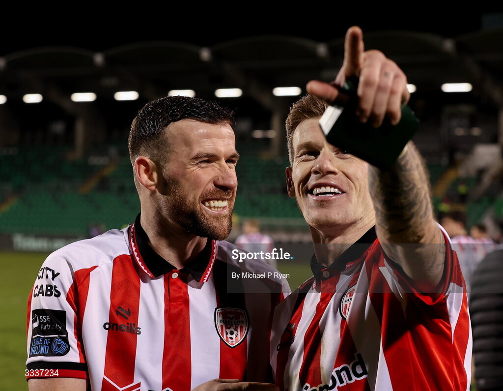 31 January 2026; Derry City players, Patrick McClean, left, and James McClean celebrate after the 2026 Men's President's Cup final match between Shamrock Rovers and Derry City at Tallaght Stadium in Dublin. Photo by Michael P Ryan/Sportsfile