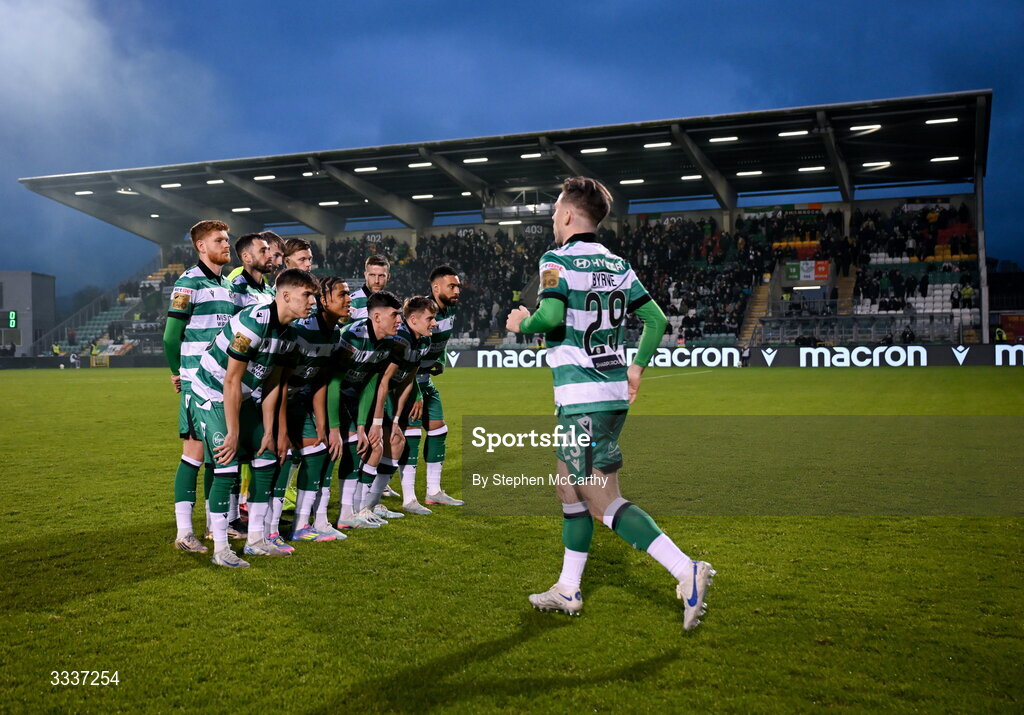 31 January 2026; Jack Byrne joins the Shamrock Rovers team photograph before the 2026 Men's President's Cup final match between Shamrock Rovers and Derry City at Tallaght Stadium in Dublin. Photo by Stephen McCarthy/Sportsfile