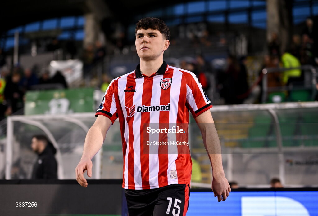 31 January 2026; James Clarke of Derry City walks out for the 2026 Men's President's Cup final match between Shamrock Rovers and Derry City at Tallaght Stadium in Dublin. Photo by Stephen McCarthy/Sportsfile