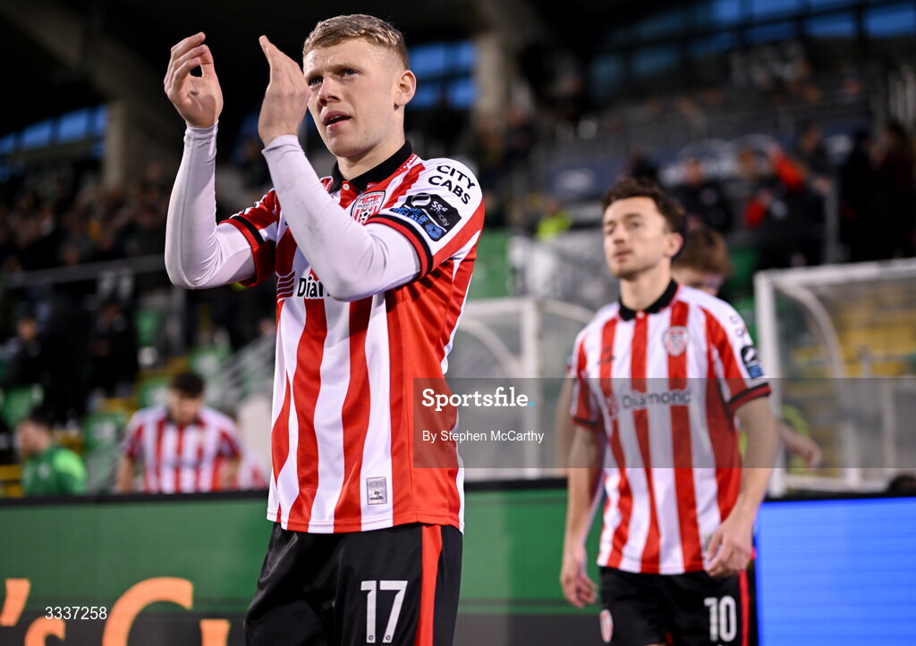 31 January 2026; Josh Thomas of Derry City walks out for the 2026 Men's President's Cup final match between Shamrock Rovers and Derry City at Tallaght Stadium in Dublin. Photo by Stephen McCarthy/Sportsfile