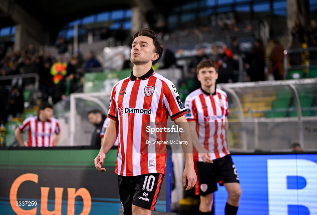 31 January 2026; Darragh Markey of Derry City walks out for the 2026 Men's President's Cup final match between Shamrock Rovers and Derry City at Tallaght Stadium in Dublin. Photo by Stephen McCarthy/Sportsfile