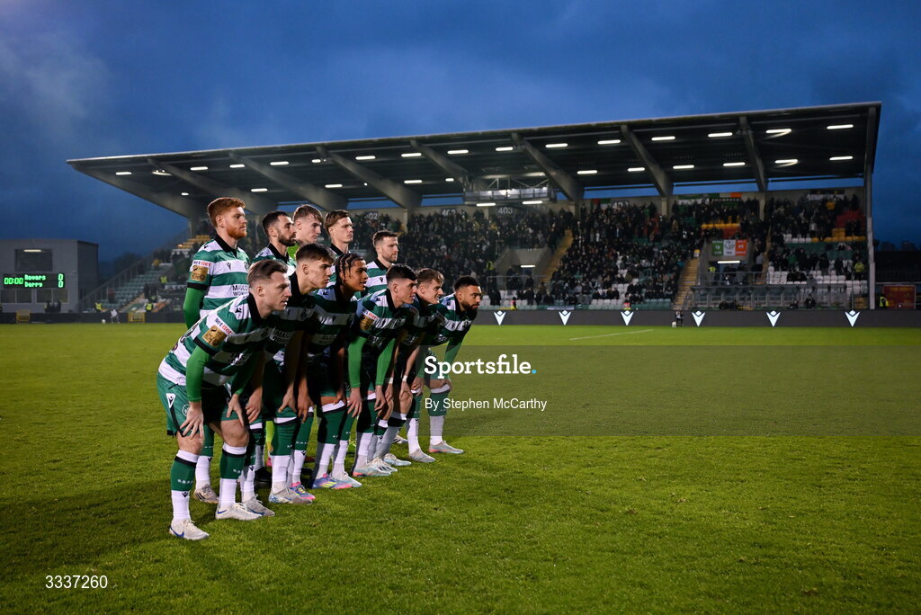 31 January 2026; Shamrock Rovers players pose for a team photograph before the 2026 Men's President's Cup final match between Shamrock Rovers and Derry City at Tallaght Stadium in Dublin. Photo by Stephen McCarthy/Sportsfile
