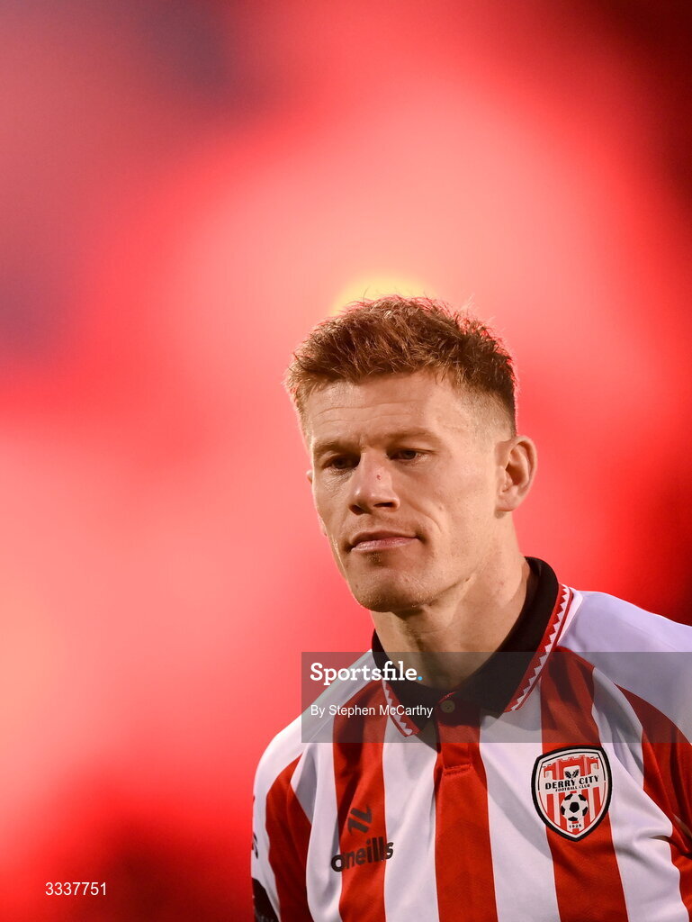 31 January 2026; James McClean of Derry City before the 2026 Men's President's Cup final match between Shamrock Rovers and Derry City at Tallaght Stadium in Dublin. Photo by Stephen McCarthy/Sportsfile