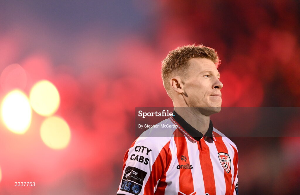 31 January 2026; James McClean of Derry City before the 2026 Men's President's Cup final match between Shamrock Rovers and Derry City at Tallaght Stadium in Dublin. Photo by Stephen McCarthy/Sportsfile