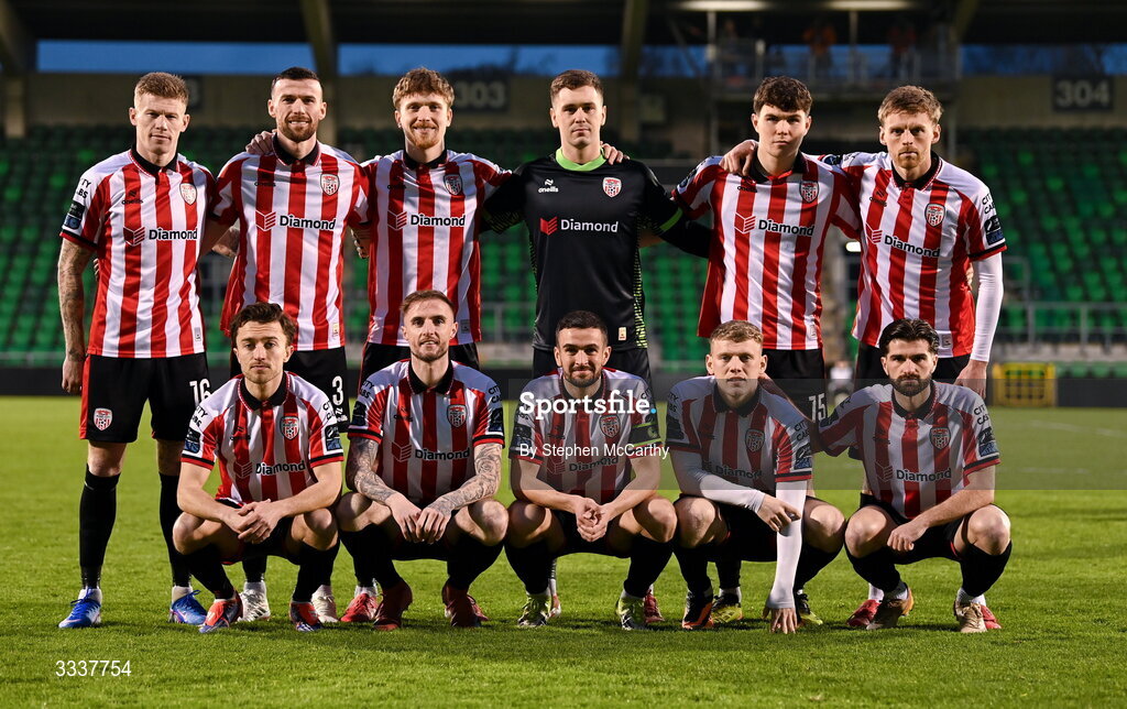 31 January 2026; The Derry City team, back row, from left, James McClean, Patrick McClean, Alex Bannon, goalkeeper Brian Maher, James Clarke and Rob Slevin, with, front row, Darragh Markey, Carl Winchester, Michael Duffy, Josh Thomas and Brandon Fleming before the 2026 Men's President's Cup final match between Shamrock Rovers and Derry City at Tallaght Stadium in Dublin. Photo by Stephen McCarthy/Sportsfile