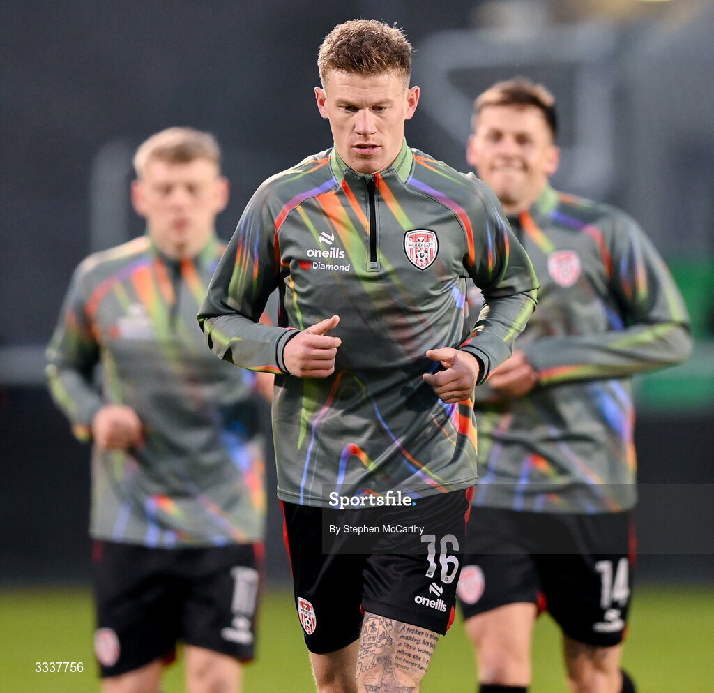 31 January 2026; James McClean of Derry City before the 2026 Men's President's Cup final match between Shamrock Rovers and Derry City at Tallaght Stadium in Dublin. Photo by Stephen McCarthy/Sportsfile