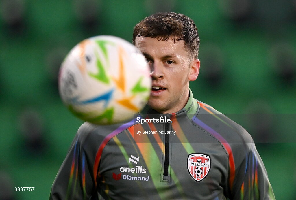 31 January 2026; Ben Doherty of Derry City before the 2026 Men's President's Cup final match between Shamrock Rovers and Derry City at Tallaght Stadium in Dublin. Photo by Stephen McCarthy/Sportsfile