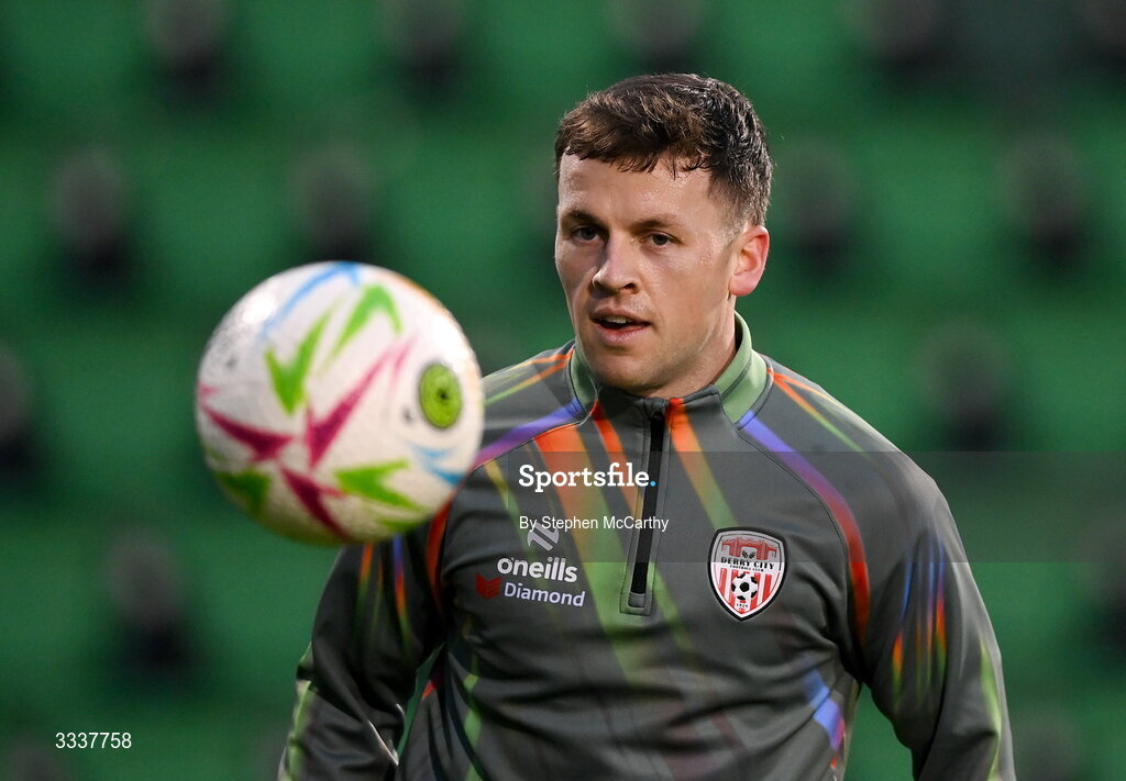 31 January 2026; Ben Doherty of Derry City before the 2026 Men's President's Cup final match between Shamrock Rovers and Derry City at Tallaght Stadium in Dublin. Photo by Stephen McCarthy/Sportsfile