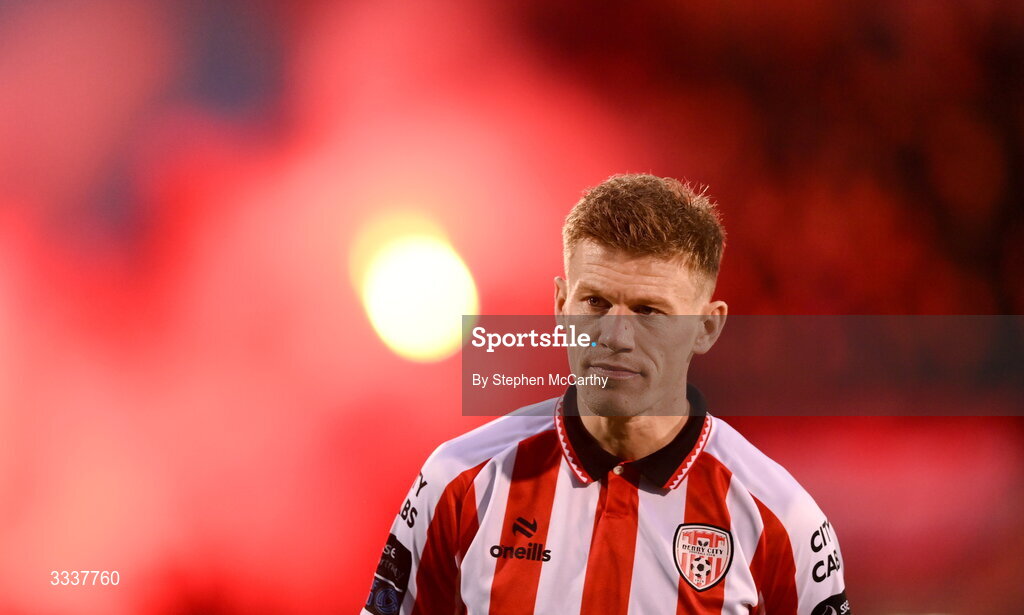 31 January 2026; James McClean of Derry City before the 2026 Men's President's Cup final match between Shamrock Rovers and Derry City at Tallaght Stadium in Dublin. Photo by Stephen McCarthy/Sportsfile