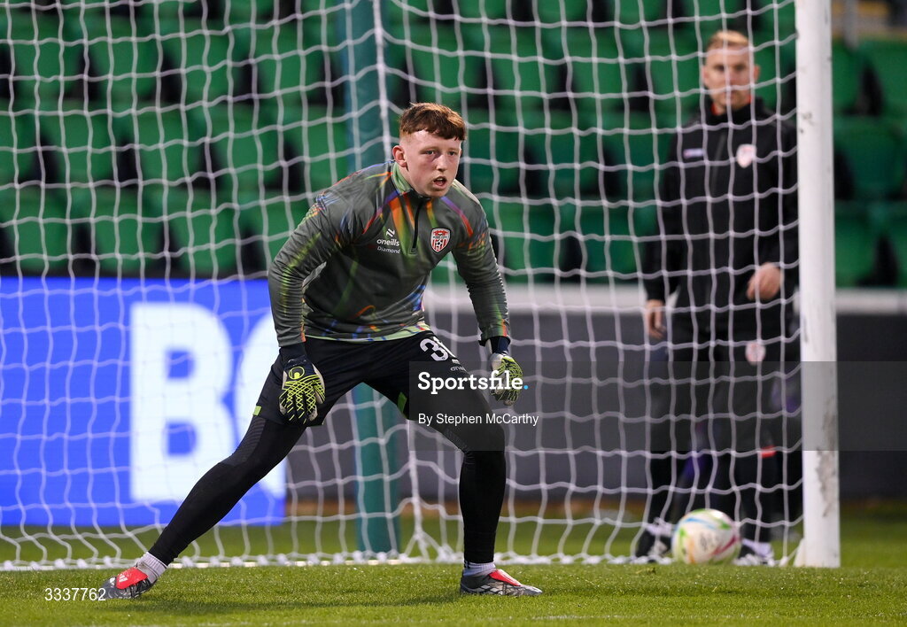 31 January 2026; Derry City goalkeeper Cole Smyth before the 2026 Men's President's Cup final match between Shamrock Rovers and Derry City at Tallaght Stadium in Dublin. Photo by Stephen McCarthy/Sportsfile