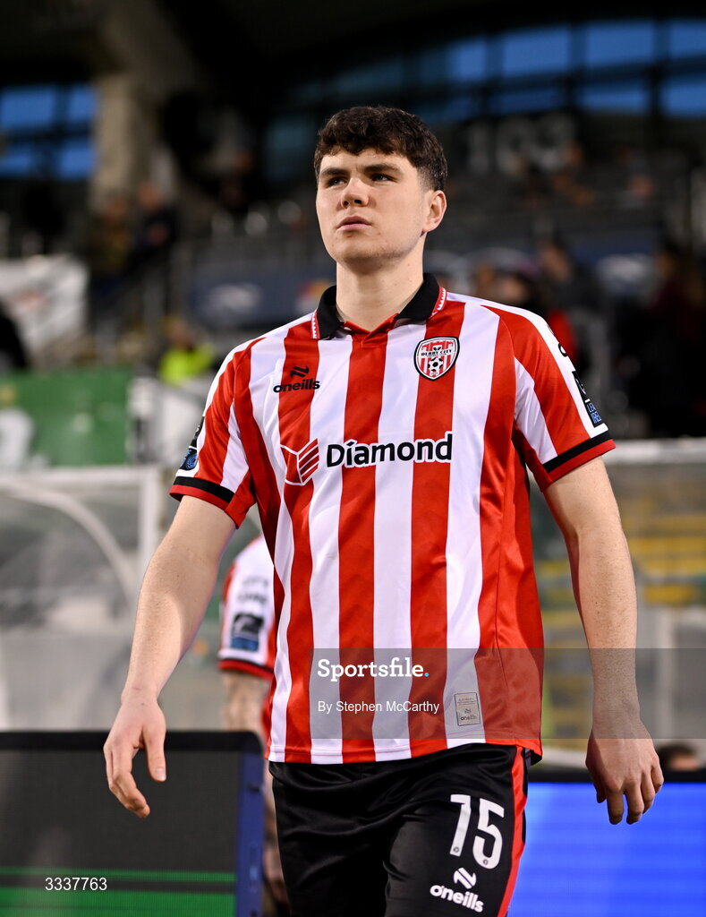31 January 2026; James Clarke of Derry City walks out for the 2026 Men's President's Cup final match between Shamrock Rovers and Derry City at Tallaght Stadium in Dublin. Photo by Stephen McCarthy/Sportsfile