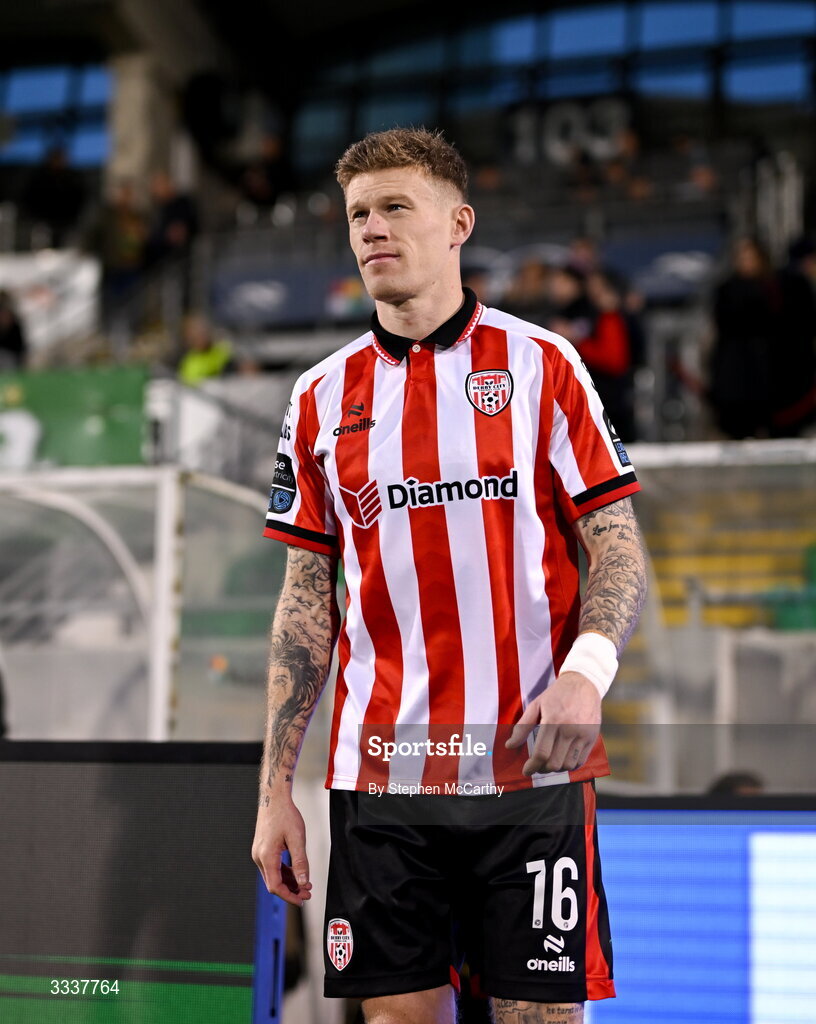 31 January 2026; James McClean of Derry City walks out for the 2026 Men's President's Cup final match between Shamrock Rovers and Derry City at Tallaght Stadium in Dublin. Photo by Stephen McCarthy/Sportsfile