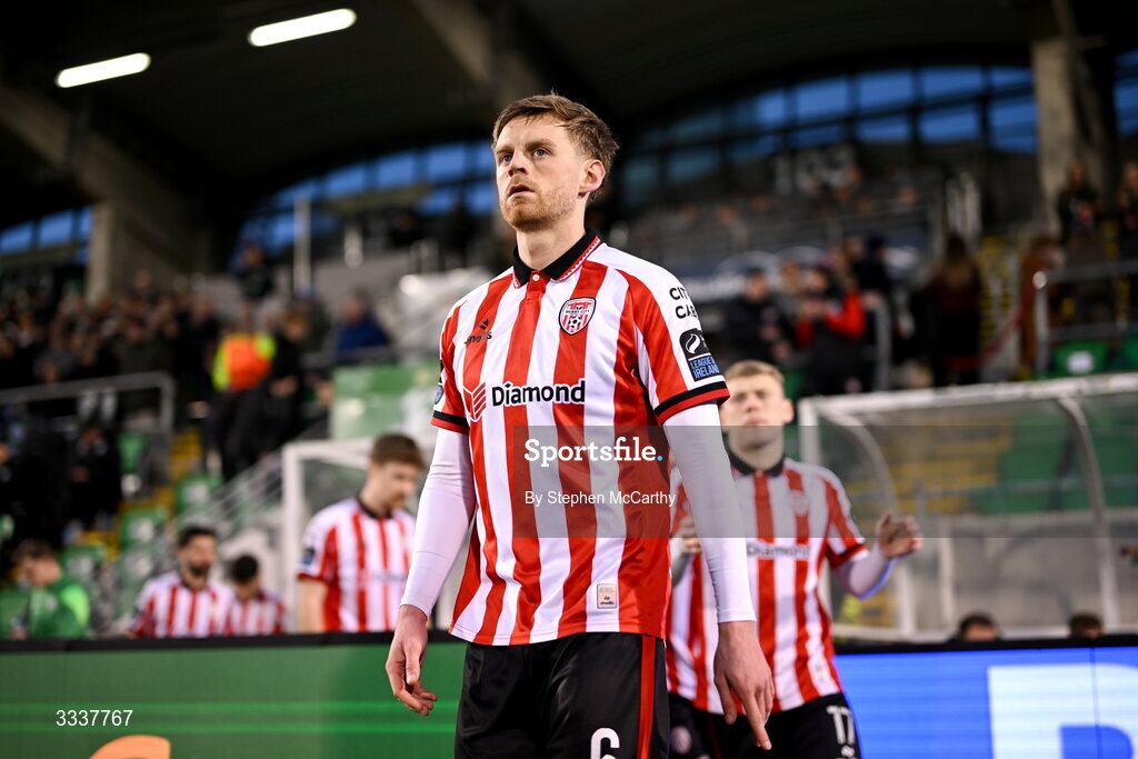 31 January 2026; Rob Slevin of Derry City walks out for the 2026 Men's President's Cup final match between Shamrock Rovers and Derry City at Tallaght Stadium in Dublin. Photo by Stephen McCarthy/Sportsfile