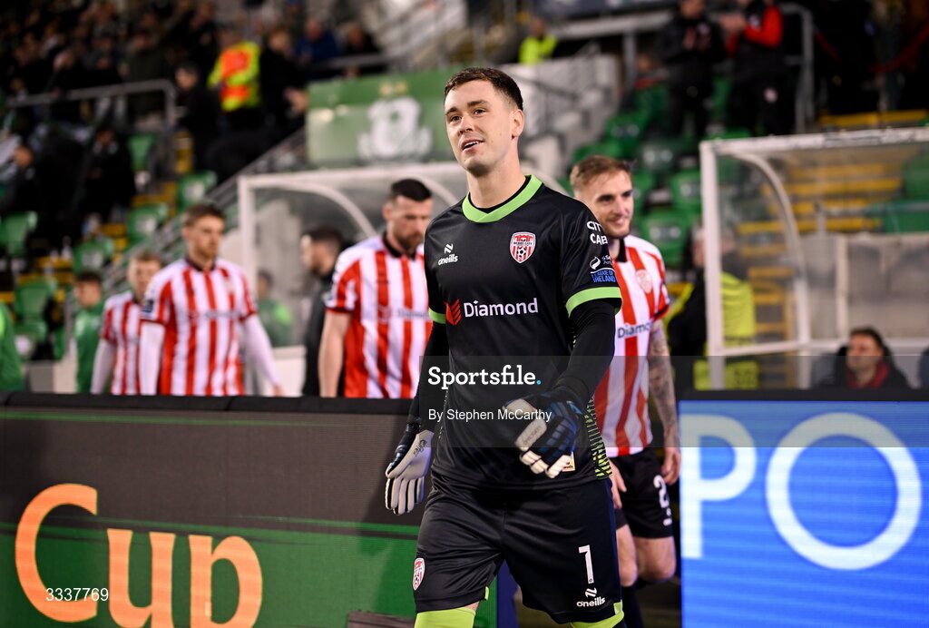 31 January 2026; Derry City goalkeeper Brian Maher walks out for the 2026 Men's President's Cup final match between Shamrock Rovers and Derry City at Tallaght Stadium in Dublin. Photo by Stephen McCarthy/Sportsfile