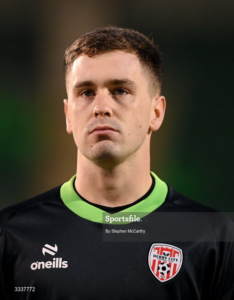 31 January 2026; Derry City goalkeeper Brian Maher before the 2026 Men's President's Cup final match between Shamrock Rovers and Derry City at Tallaght Stadium in Dublin. Photo by Stephen McCarthy/Sportsfile