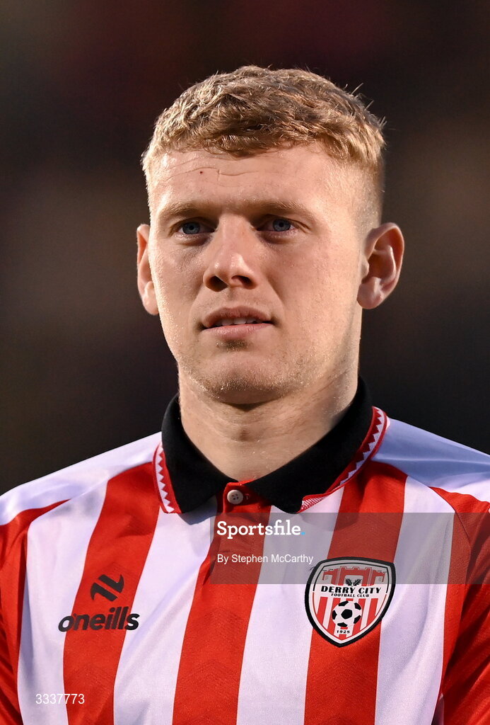 31 January 2026; Josh Thomas of Derry City before the 2026 Men's President's Cup final match between Shamrock Rovers and Derry City at Tallaght Stadium in Dublin. Photo by Stephen McCarthy/Sportsfile