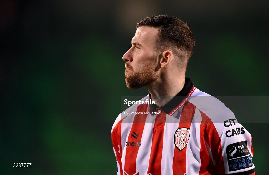 31 January 2026; Patrick McClean of Derry City before the 2026 Men's President's Cup final match between Shamrock Rovers and Derry City at Tallaght Stadium in Dublin. Photo by Stephen McCarthy/Sportsfile