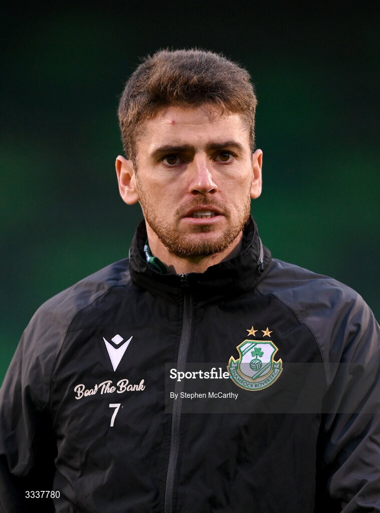 31 January 2026; Dylan Watts of Shamrock Rovers before the 2026 Men's President's Cup final match between Shamrock Rovers and Derry City at Tallaght Stadium in Dublin. Photo by Stephen McCarthy/Sportsfile