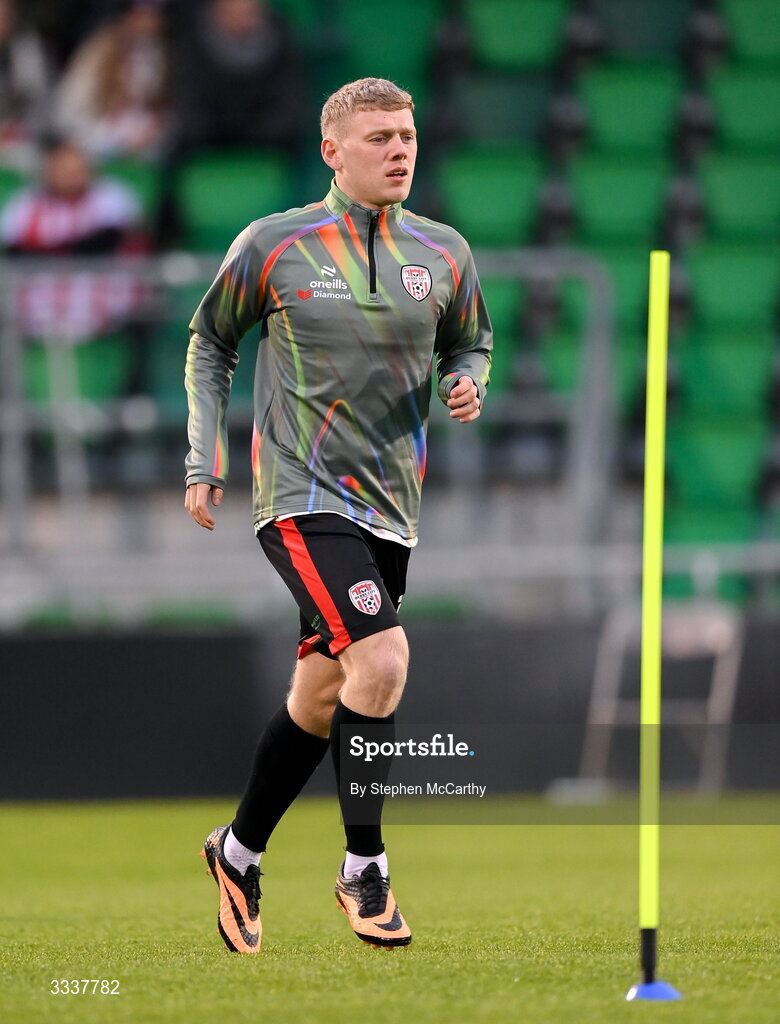 31 January 2026; Josh Thomas of Derry City before the 2026 Men's President's Cup final match between Shamrock Rovers and Derry City at Tallaght Stadium in Dublin. Photo by Stephen McCarthy/Sportsfile