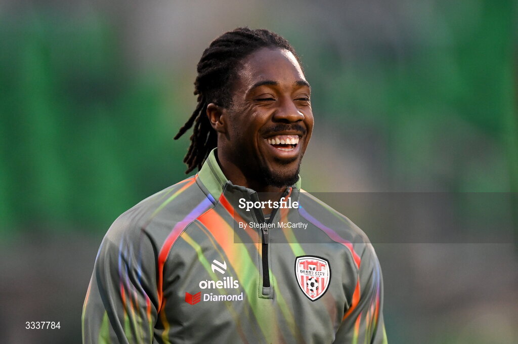 31 January 2026; Kevin dos Santos of Derry City before the 2026 Men's President's Cup final match between Shamrock Rovers and Derry City at Tallaght Stadium in Dublin. Photo by Stephen McCarthy/Sportsfile