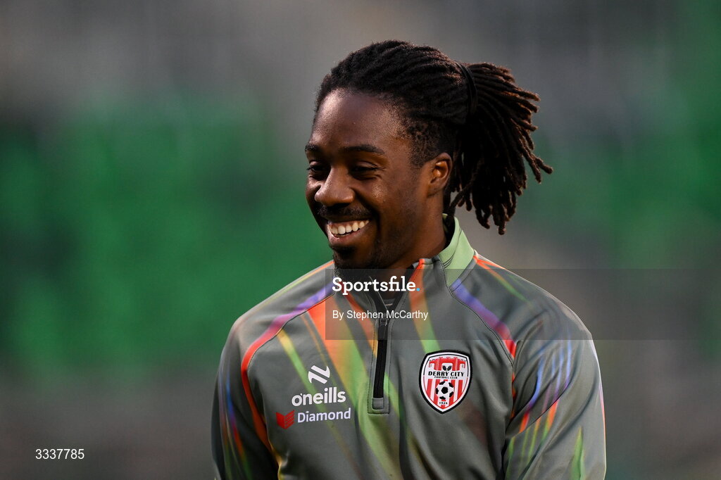 31 January 2026; Kevin dos Santos of Derry City before the 2026 Men's President's Cup final match between Shamrock Rovers and Derry City at Tallaght Stadium in Dublin. Photo by Stephen McCarthy/Sportsfile