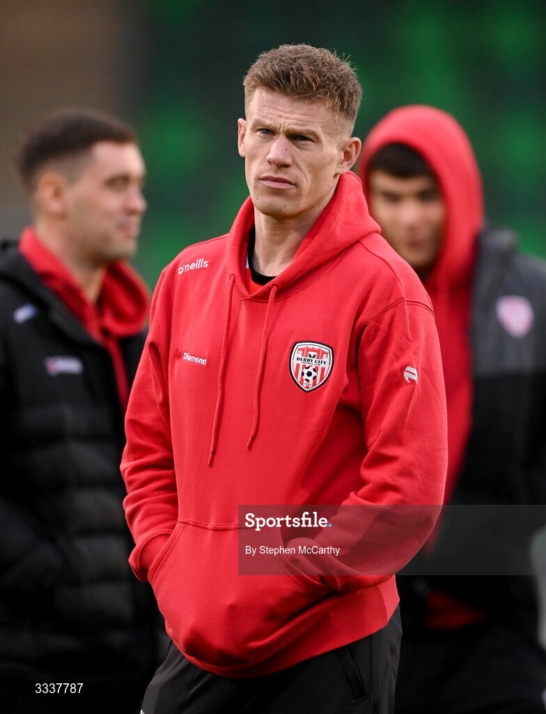 31 January 2026; James McClean of Derry City before the 2026 Men's President's Cup final match between Shamrock Rovers and Derry City at Tallaght Stadium in Dublin. Photo by Stephen McCarthy/Sportsfile