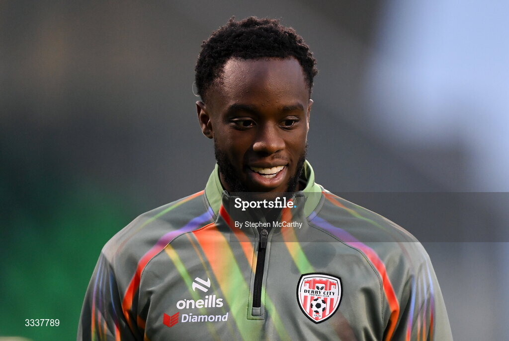 31 January 2026; James Olayinka of Derry City before the 2026 Men's President's Cup final match between Shamrock Rovers and Derry City at Tallaght Stadium in Dublin. Photo by Stephen McCarthy/Sportsfile