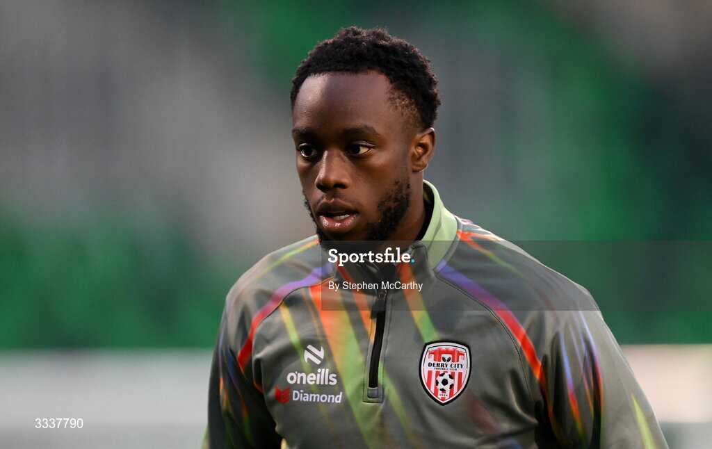 31 January 2026; James Olayinka of Derry City before the 2026 Men's President's Cup final match between Shamrock Rovers and Derry City at Tallaght Stadium in Dublin. Photo by Stephen McCarthy/Sportsfile