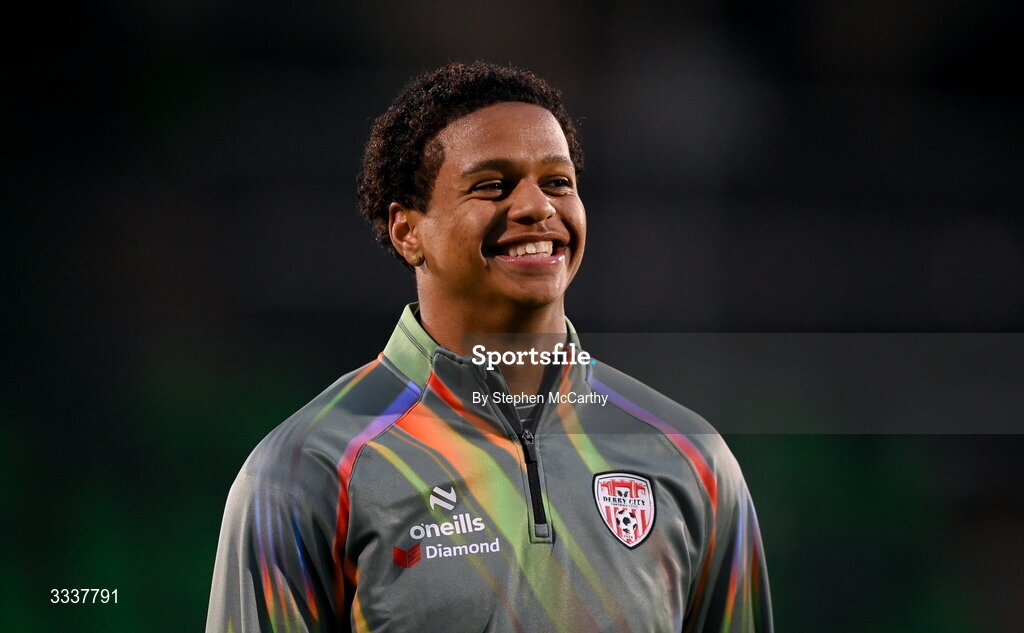31 January 2026; Henry Rylah of Derry City before the 2026 Men's President's Cup final match between Shamrock Rovers and Derry City at Tallaght Stadium in Dublin. Photo by Stephen McCarthy/Sportsfile