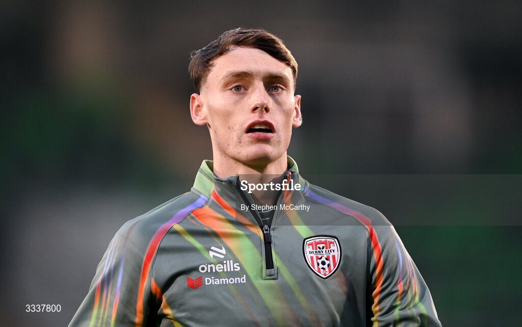 31 January 2026; Conor Barr of Derry City before the 2026 Men's President's Cup final match between Shamrock Rovers and Derry City at Tallaght Stadium in Dublin. Photo by Stephen McCarthy/Sportsfile