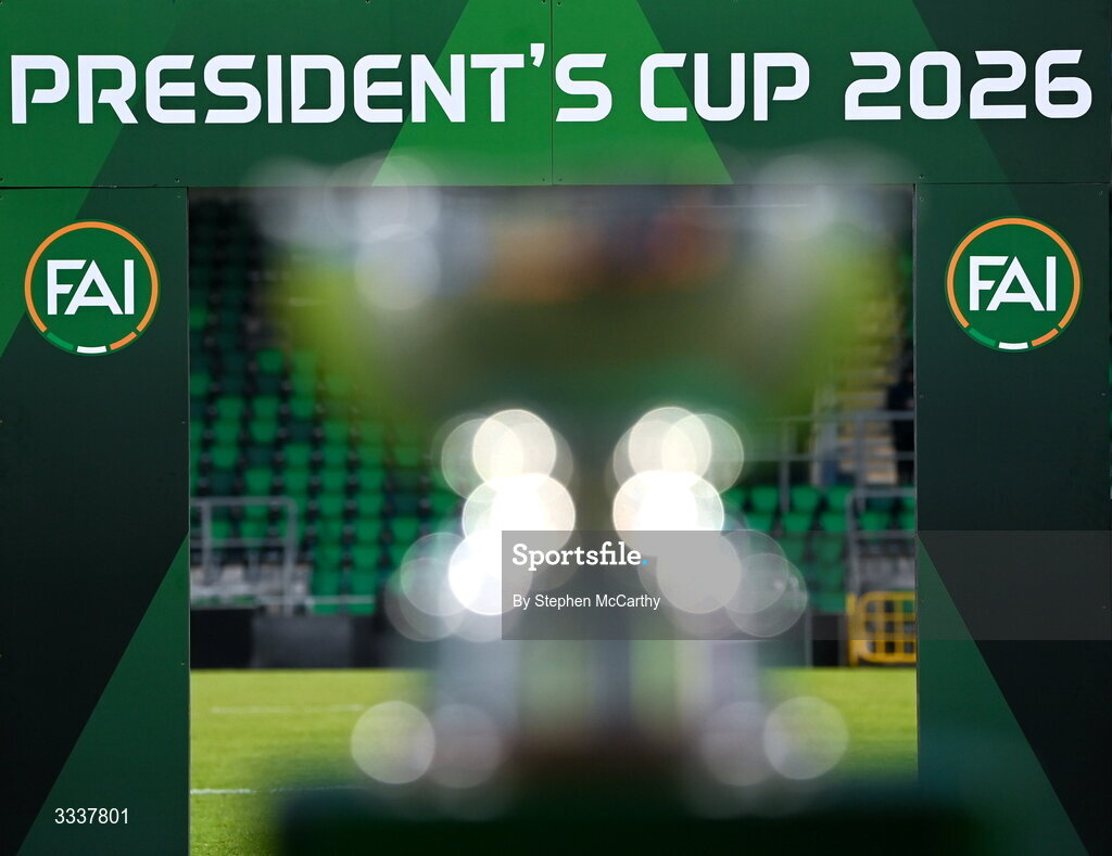 31 January 2026; FAI President's Cup branding before the 2026 Men's President's Cup final match between Shamrock Rovers and Derry City at Tallaght Stadium in Dublin. Photo by Stephen McCarthy/Sportsfile