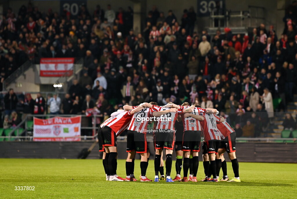 31 January 2026; Derry City players huddle before the 2026 Men's President's Cup final match between Shamrock Rovers and Derry City at Tallaght Stadium in Dublin. Photo by Stephen McCarthy/Sportsfile