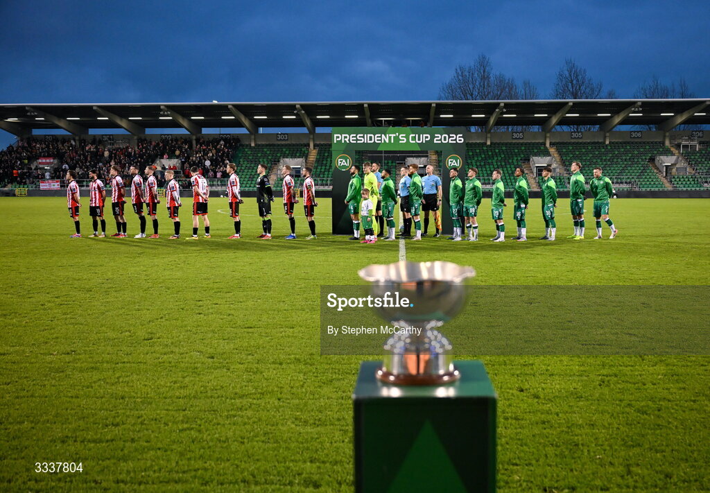 31 January 2026; Players and match officials stand for the playing of the National Anthem before the 2026 Men's President's Cup final match between Shamrock Rovers and Derry City at Tallaght Stadium in Dublin. Photo by Stephen McCarthy/Sportsfile