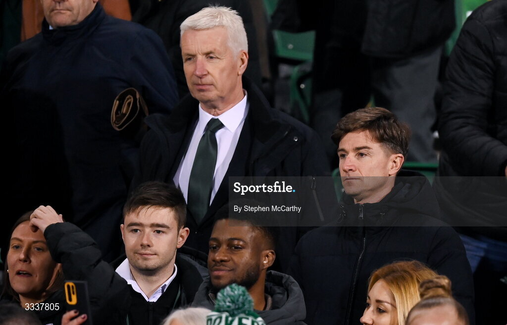 31 January 2026; Shamrock Rovers sporting director Ronan Finn and independent chairman Ciaran Medlar, left, during the 2026 Men's President's Cup final match between Shamrock Rovers and Derry City at Tallaght Stadium in Dublin. Photo by Stephen McCarthy/Sportsfile