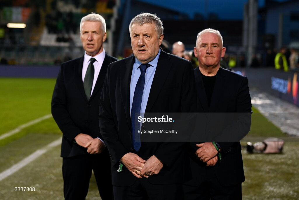 31 January 2026; FAI President Paul Cooke, centre, with Shamrock Rovers independent chairman Ciaran Medlar, left, and Derry City board member Peter Wallace, right, before the 2026 Men's President's Cup final match between Shamrock Rovers and Derry City at Tallaght Stadium in Dublin. Photo by Stephen McCarthy/Sportsfile