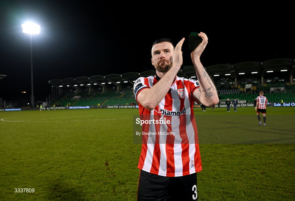 31 January 2026; Patrick McClean of Derry City acknowledges his side's supporters after the 2026 Men's President's Cup final match between Shamrock Rovers and Derry City at Tallaght Stadium in Dublin. Photo by Stephen McCarthy/Sportsfile