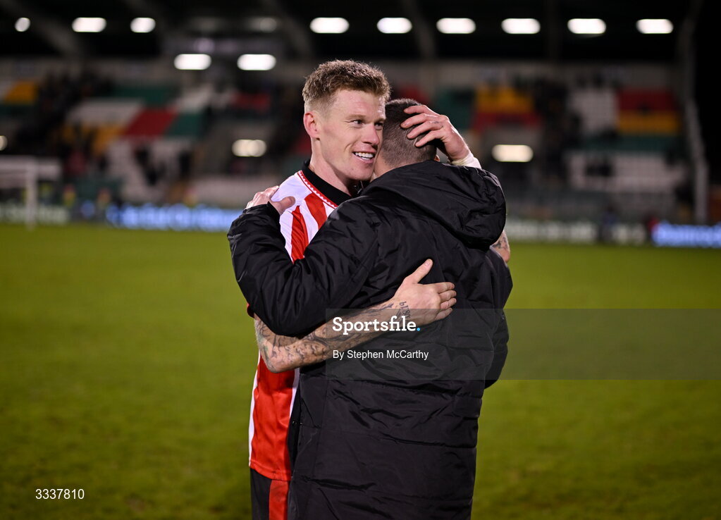 31 January 2026; James McClean of Derry City and Trevor Clarke of Shamrock Rovers after the 2026 Men's President's Cup final match between Shamrock Rovers and Derry City at Tallaght Stadium in Dublin. Photo by Stephen McCarthy/Sportsfile