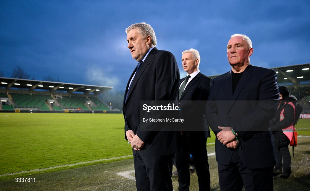 31 January 2026; FAI President Paul Cooke with Shamrock Rovers independent chairman Ciaran Medlar, centre, and Derry City board member Peter Wallace, right, before the 2026 Men's President's Cup final match between Shamrock Rovers and Derry City at Tallaght Stadium in Dublin. Photo by Stephen McCarthy/Sportsfile