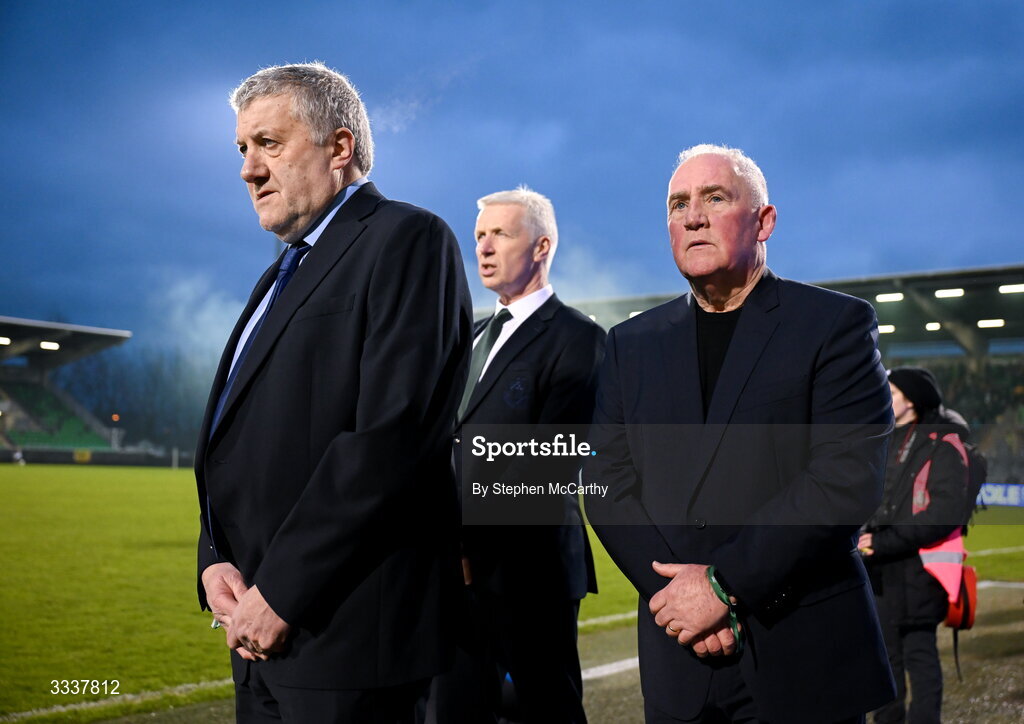 31 January 2026; FAI President Paul Cooke with Shamrock Rovers independent chairman Ciaran Medlar, centre, and Derry City board member Peter Wallace, right, before the 2026 Men's President's Cup final match between Shamrock Rovers and Derry City at Tallaght Stadium in Dublin. Photo by Stephen McCarthy/Sportsfile