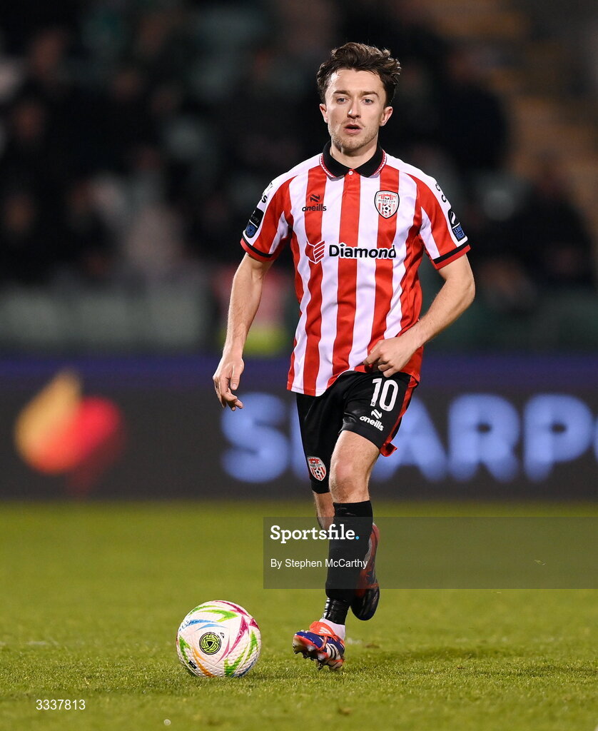 31 January 2026; Darragh Markey of Derry City during the 2026 Men's President's Cup final match between Shamrock Rovers and Derry City at Tallaght Stadium in Dublin. Photo by Stephen McCarthy/Sportsfile