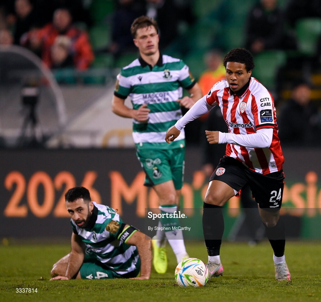 31 January 2026; Henry Rylah of Derry City during the 2026 Men's President's Cup final match between Shamrock Rovers and Derry City at Tallaght Stadium in Dublin. Photo by Stephen McCarthy/Sportsfile