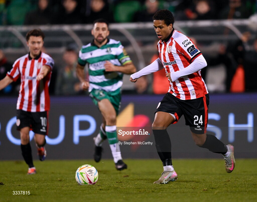 31 January 2026; Henry Rylah of Derry City during the 2026 Men's President's Cup final match between Shamrock Rovers and Derry City at Tallaght Stadium in Dublin. Photo by Stephen McCarthy/Sportsfile