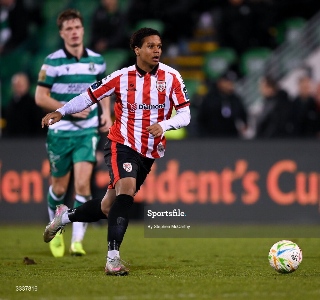 31 January 2026; Henry Rylah of Derry City during the 2026 Men's President's Cup final match between Shamrock Rovers and Derry City at Tallaght Stadium in Dublin. Photo by Stephen McCarthy/Sportsfile