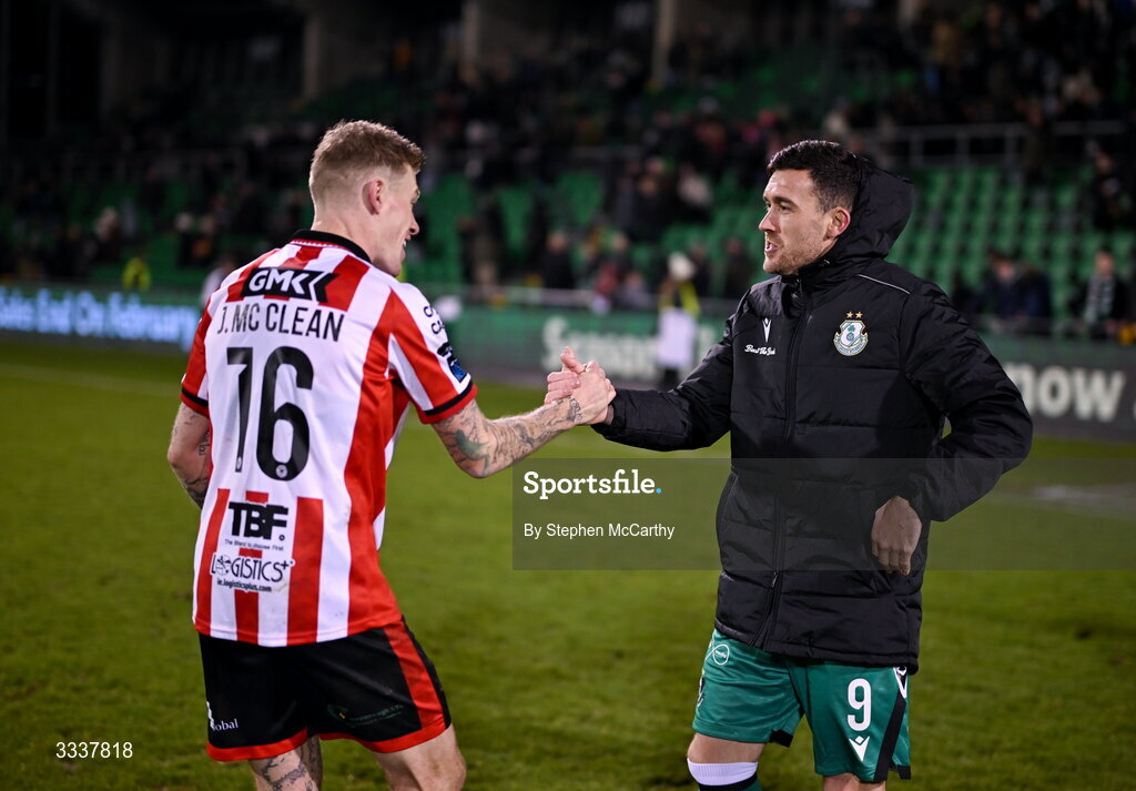 31 January 2026; Aaron Greene of Shamrock Rovers and James McClean of Derry City after the 2026 Men's President's Cup final match between Shamrock Rovers and Derry City at Tallaght Stadium in Dublin. Photo by Stephen McCarthy/Sportsfile