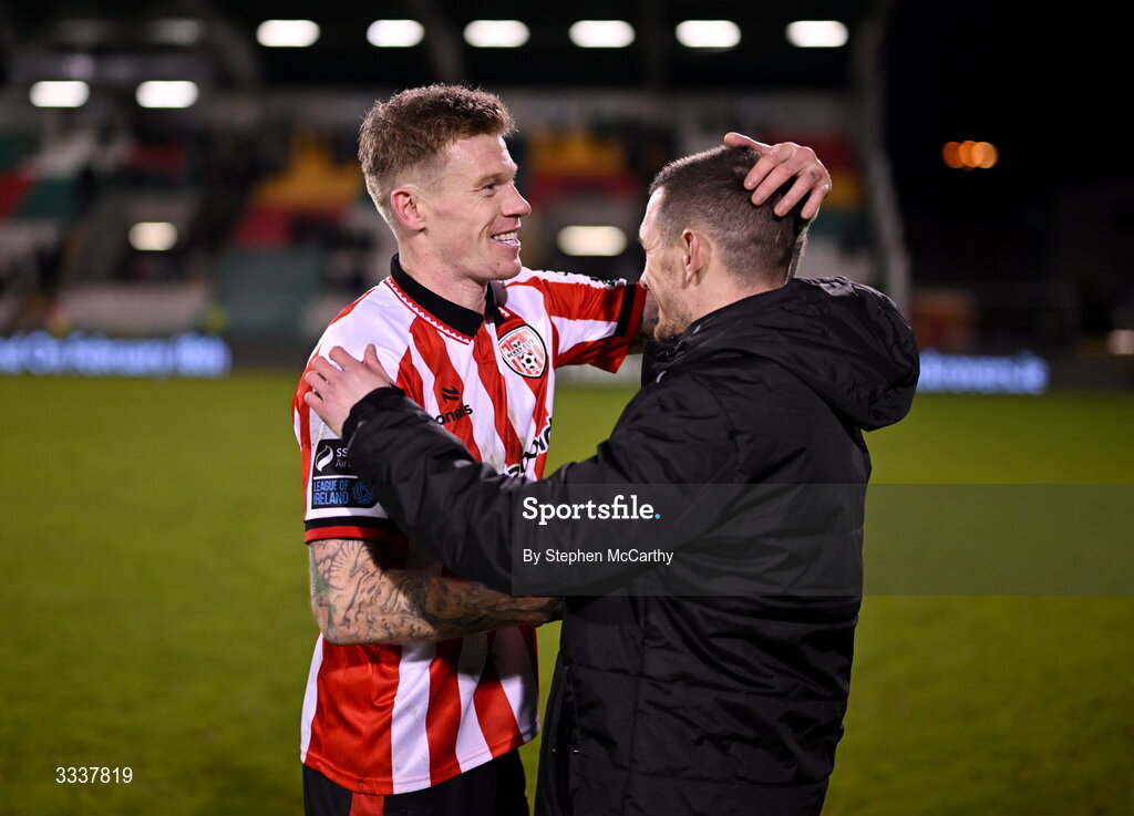 31 January 2026; James McClean of Derry City and Trevor Clarke of Shamrock Rovers after the 2026 Men's President's Cup final match between Shamrock Rovers and Derry City at Tallaght Stadium in Dublin. Photo by Stephen McCarthy/Sportsfile