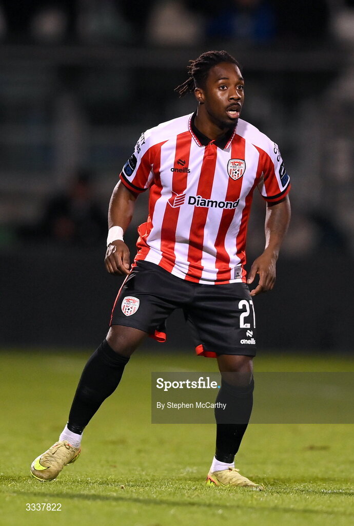 31 January 2026; Kevin dos Santos of Derry City during the 2026 Men's President's Cup final match between Shamrock Rovers and Derry City at Tallaght Stadium in Dublin. Photo by Stephen McCarthy/Sportsfile