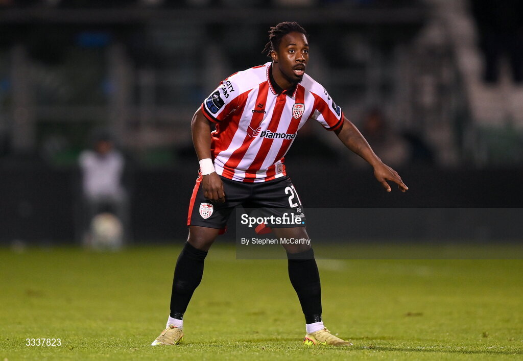 31 January 2026; Kevin dos Santos of Derry City during the 2026 Men's President's Cup final match between Shamrock Rovers and Derry City at Tallaght Stadium in Dublin. Photo by Stephen McCarthy/Sportsfile
