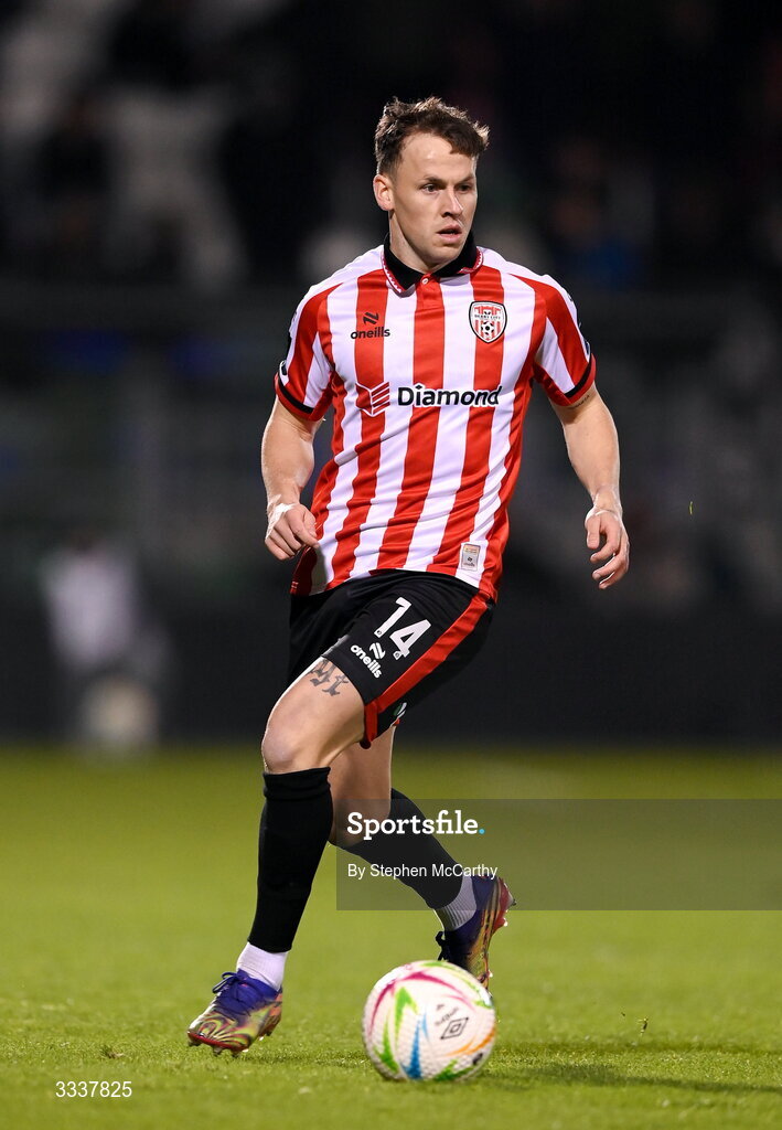 31 January 2026; Ben Doherty of Derry City during the 2026 Men's President's Cup final match between Shamrock Rovers and Derry City at Tallaght Stadium in Dublin. Photo by Stephen McCarthy/Sportsfile